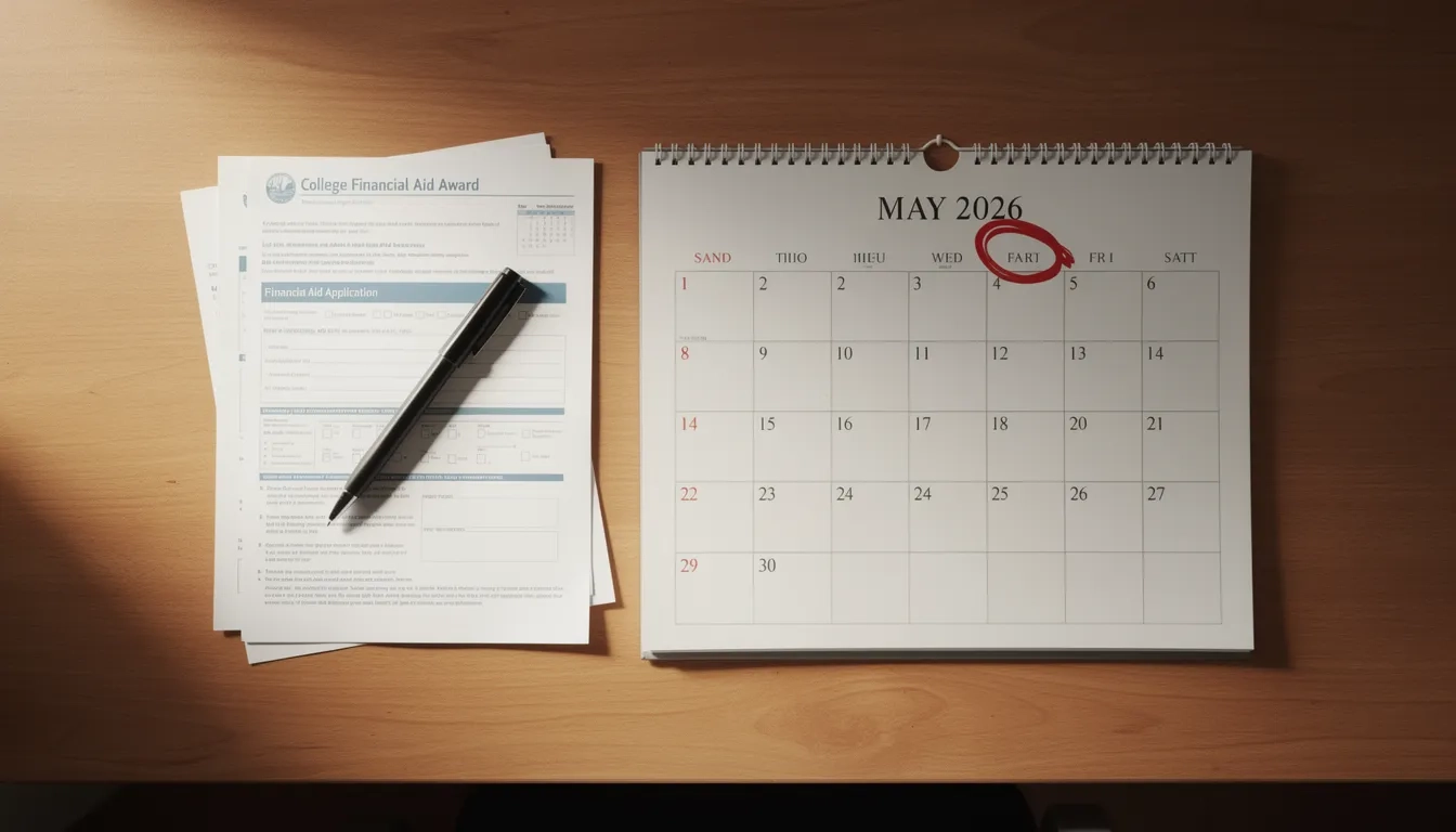 Calendar showing May 1 2026 FAFSA priority deadline circled in red
