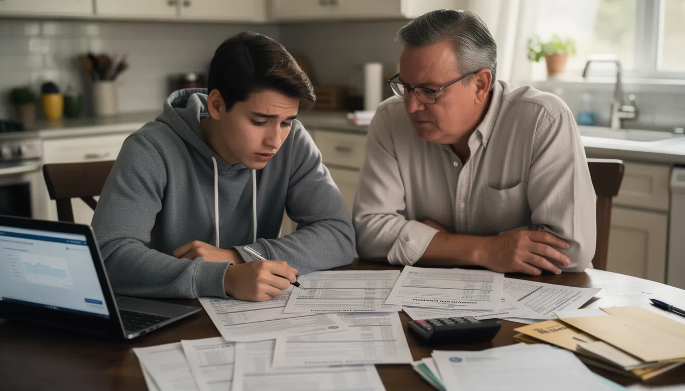 Family reviewing college financial aid documents at a kitchen table