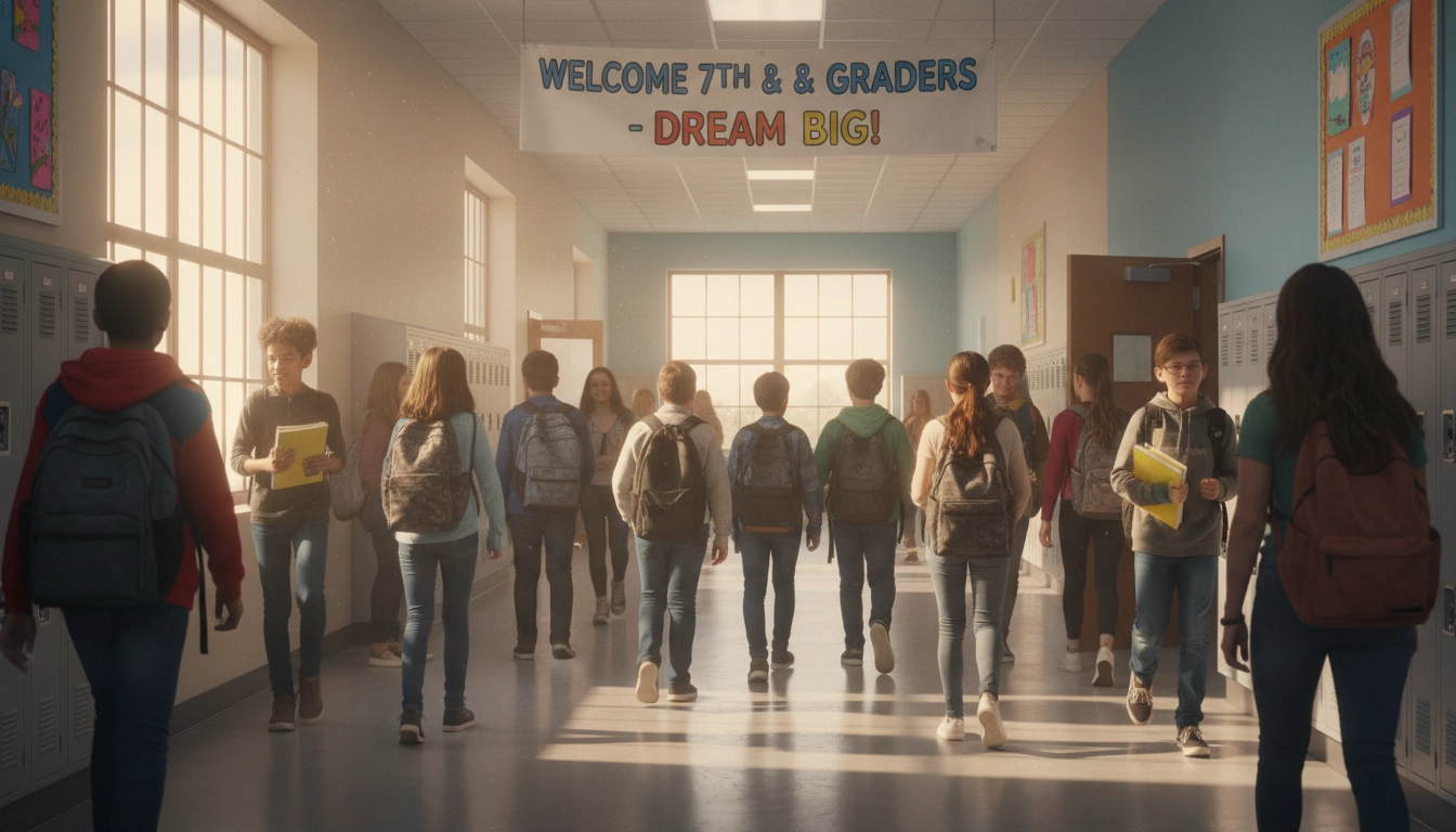 Middle school students walking through a school hallway