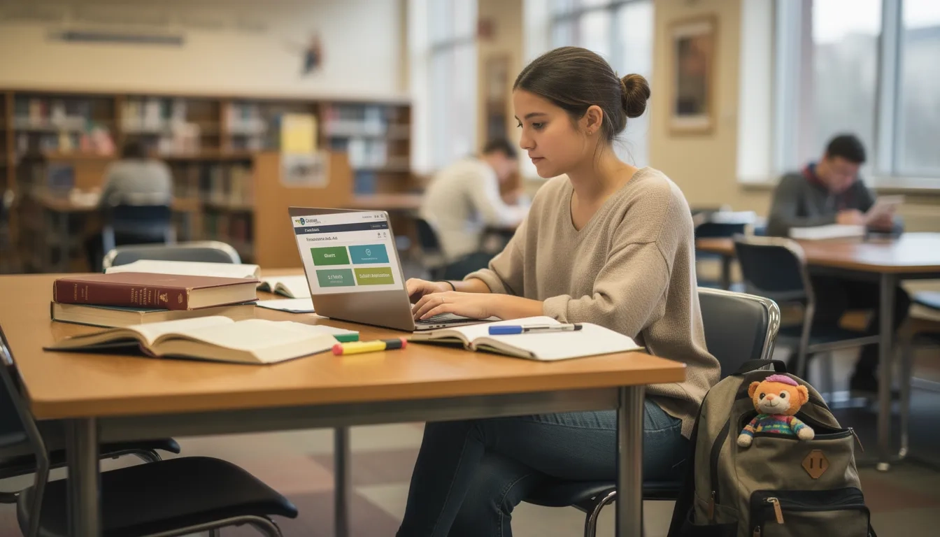 Student mother studying at a college library with child's belongings nearby
