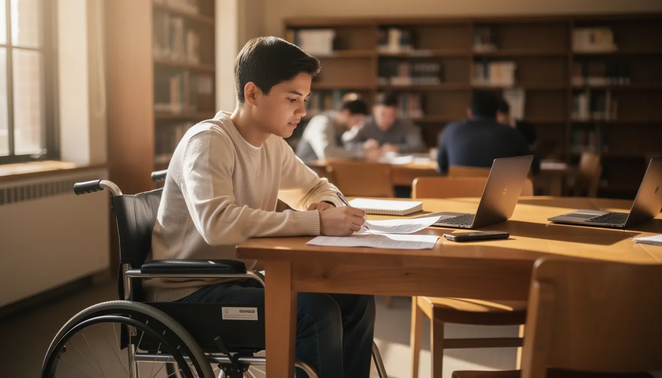 College student with disability reviewing vocational rehabilitation paperwork at a university library