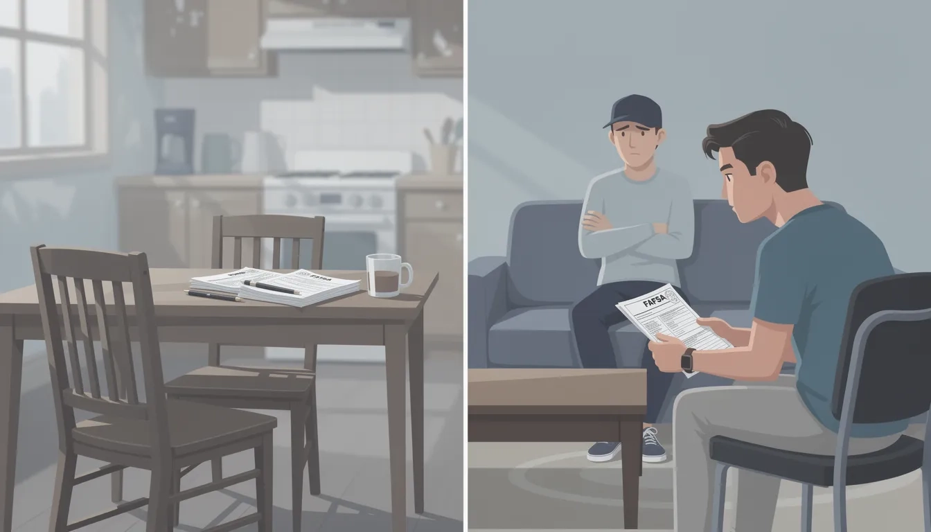 A split visual showing two contrasting paths: one with an absent parent figure represented by an empty chair, and another with a present but closed-off parent turning away from a student