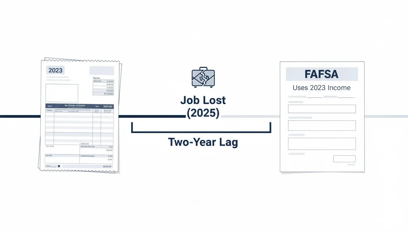 Infographic showing the two-year income lag between when income is earned and when FAFSA uses it, illustrating why recent job loss doesn't automatically affect financial aid.
