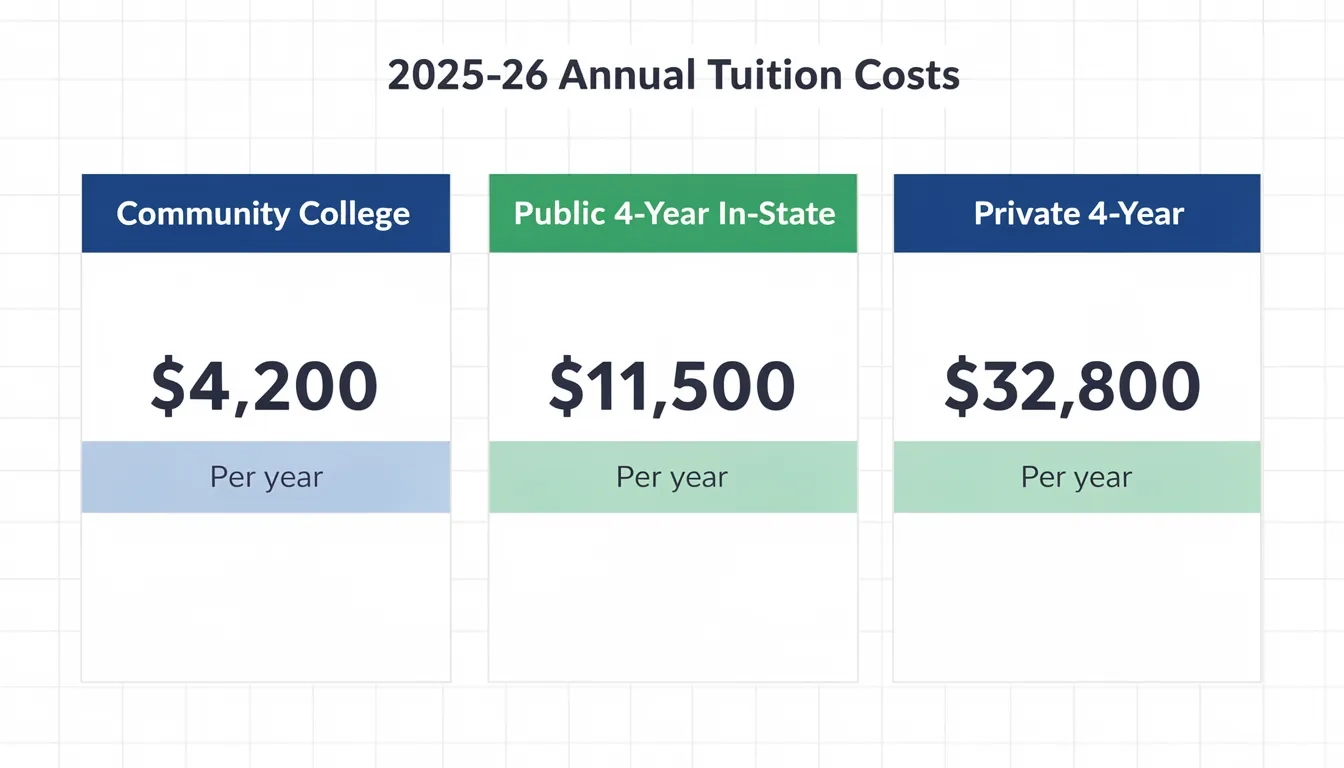 Side-by-side tuition cost comparison for community college, public university, and private university in 2025-26