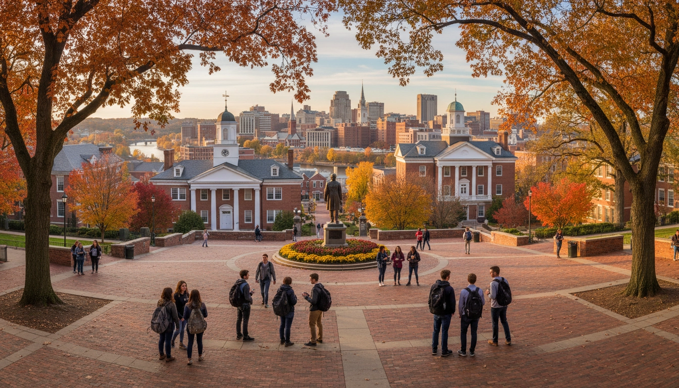Students walking across a community college campus with an American small city in the background