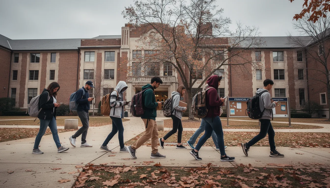 College students walking across campus with backpacks